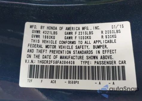 2015 Honda Accord Sport from USA, damaged, VIN 1HGCR2F58FA094408